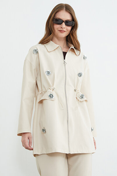 Fulla Moda Floral Embroidered Trench Coat with Elastic Waist