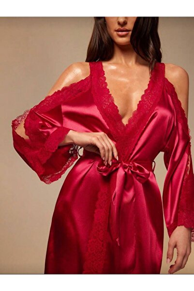 Jermo Women's Satin Shoulder Lace Detailed Off-Shoulder Sleeve Ke Glittery So...