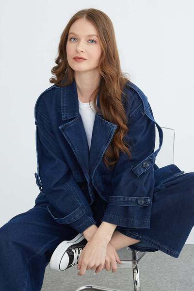 Fulla Moda Shoulder Detail Jean Jacket with Belted Waist