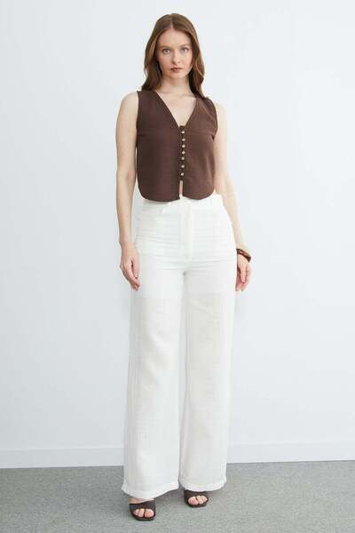 Fulla Moda High Waist Zippered Muslin Fabric Trousers