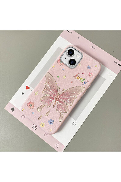 CASEVIBE iPhone 13/14 Uyumlu Güzel kelebek desenli deri dokulu telefon kılıfı
