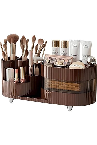 Arabest Minimalist Brown 3-Tier Rotating Makeup Organizer with Makeup Brush H...