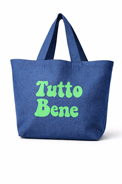 Faralya Life Mavi Kot Çanta Baskılı Pamuklu Bez Çanta 52x42 cm 60 cm Sap Uzun...