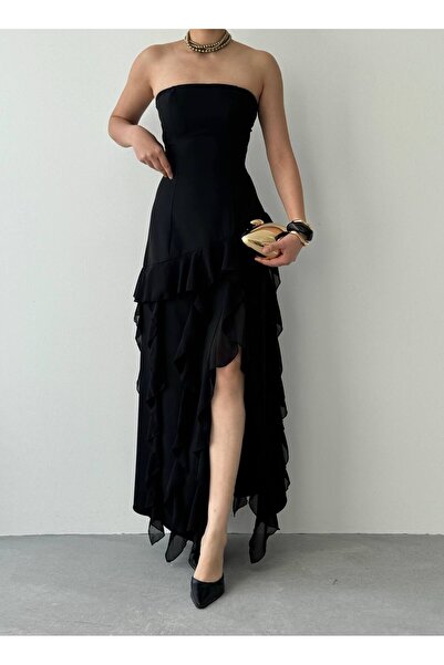 LOKADI Women's Strapless Slit Ruffle Detail Chiffon Evening Dress Mezonit