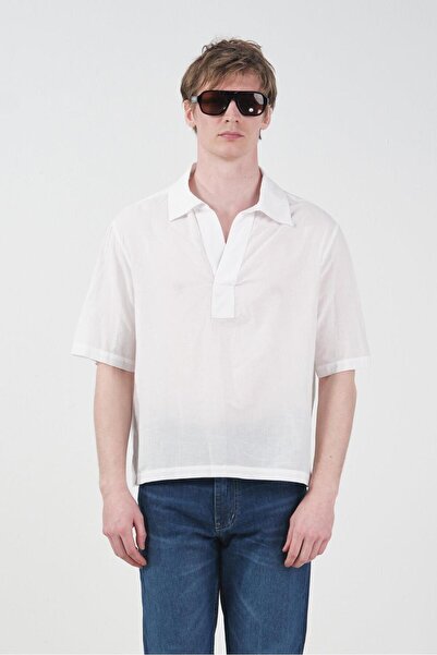 GIESTO Half-Embroidered White Voile Shirt