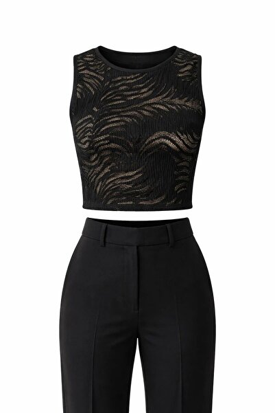 Eight Fashion Bluză neagră pentru femei, elastic dantelă piese, plisată, crop...