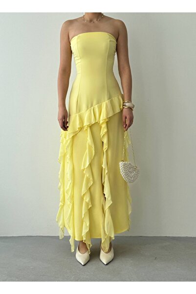 LOKADI Women's Strapless Slit Ruffle Detail Chiffon Evening Dress Mezonit