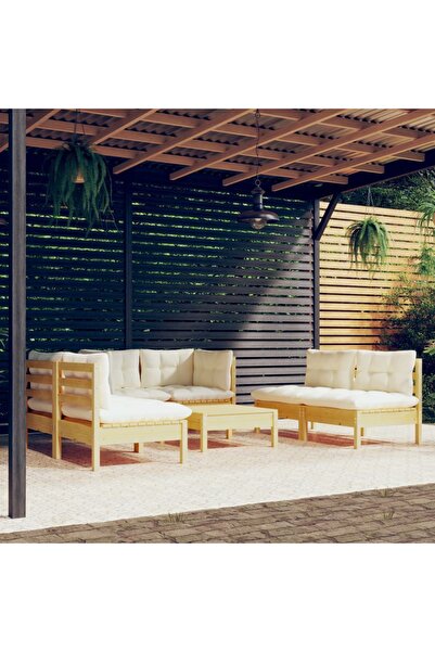 Concept Set mobilier grădină cu perne crem, 7 piese, lemn masiv de pin