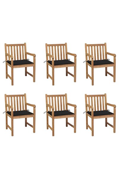 Concept Καρέκλες κήπου με μαύρα μαξιλάρια, 6 τεμ., από μασίφ ξύλο τικ