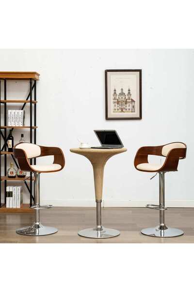 Concept Σκαμπό μπαρ, 2 τεμ., κρεμ, καμπυλωτό ξύλο και οικολογικό Δερμάτινο