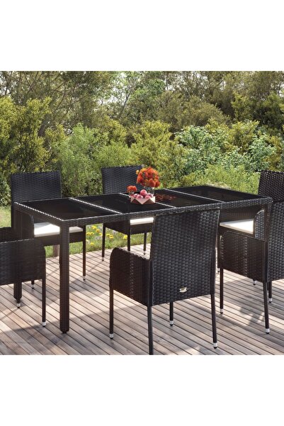 Concept Masă grădină cu blat din sticlă, negru, 190x90x75 cm, poliratan