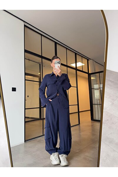 BB Bensu Buyruk TENCEL™ Fabric Pocketed Shirt Cargo Pants Suit Dark Blue