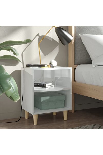 Concept Κομοδίνα με ξύλινα πόδια, 2 τεμάχια, γυαλιστερό λευκό, 40x30x50 εκ.