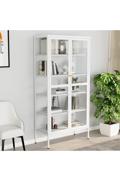 Concept Vitrină, alb, 90x40x180 cm, oțel și sticlă securizată