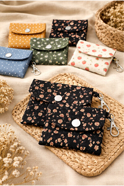 Tasarım Women's Snap Fastener Fabric Card Holder Wallet Keychain Pcs Mini Wal...