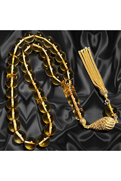 Erbab i Kehribar Büyük Boy Damla Kehribar Tesbih-Altın Kaplama Gümüş Püskül