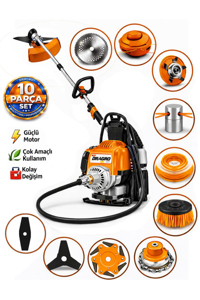 Dragro German DRG-10 + Sırt Tipi Benzinli Ot Çalı Çim Biçme Tırpanı + Full Se...