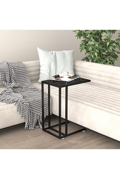 Concept Μαύρο μαρμάρινο βοηθητικό τραπεζάκι υπολογιστή από γυαλί 50x35x65 εκ.