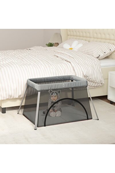 Concept Παρκοκρέβατο με στρώμα, ανοιχτό γκρι, ύφασμα