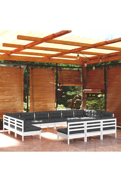 Concept Σετ επίπλων κήπου με μαξιλάρια, 13 τεμάχια, λευκό, μασίφ ξύλο πεύκου