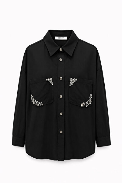 Senna Design Jachetă cămașă texturat din satin cu pietre aplicate pentru feme...