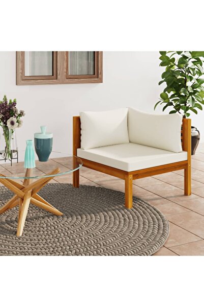 Concept Γωνιακός καναπές με μαξιλάρια σε κρεμ χρώμα, από ξύλο ακακίας