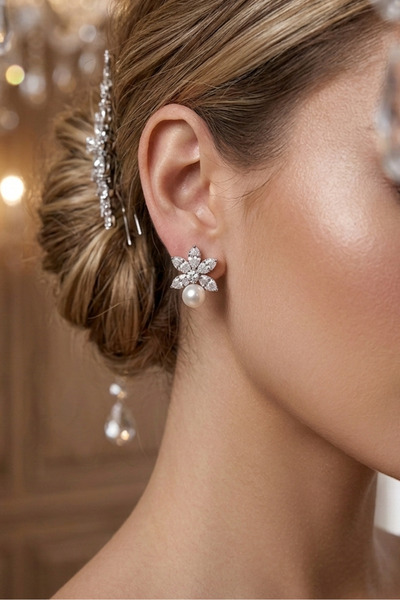 Happyline İncili Zirkon Taşlı Şık Küpe Davet Düğün Nişan Küpe Gümüş Kaplama G...