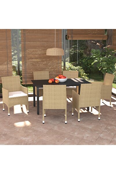 Concept Σετ επίπλων κήπου με μαξιλάρια, 7 τεμάχια, μπεζ, πολυρατάν