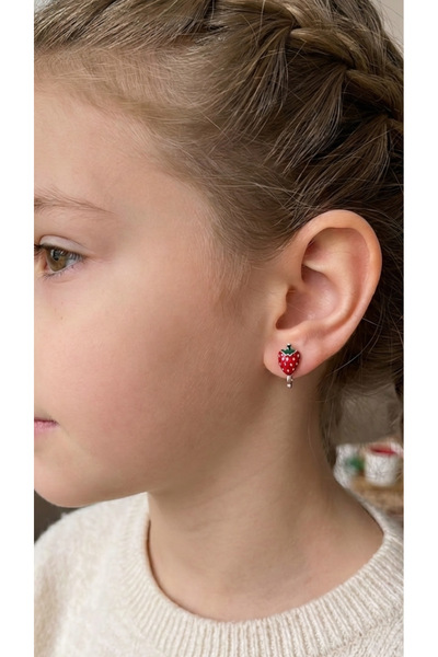 iky aksesuar Strawberry Clip-On (Clip-On) Children's Earrings for Non-Perfora...