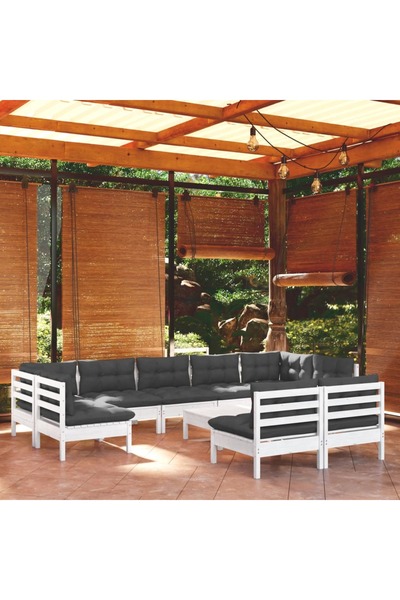 Concept Set mobilier grădină cu perne, 10 piese, alb, lemn masiv pin