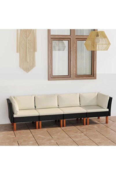 Concept Canapea de grădină cu 4 locuri, cu perne, negru, poliratan