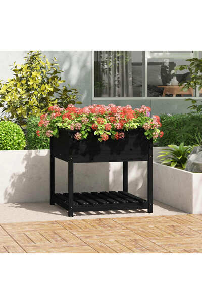 Concept Γλάστρα με ράφι, μαύρη, 82,5x82,5x81 cm, από μασίφ ξύλο πεύκου