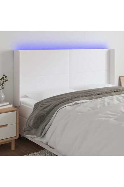 Concept Tăblie de pat cu LED, alb, 183x16x118/128 cm, piele ecologică