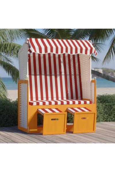 Concept Καρέκλα θαλάσσης με σκίαστρο, κόκκινο & λευκό, πολυρατάν και μασίφ ξύλο