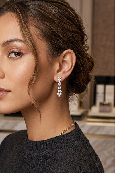 Happyline İncili Sarkıt Zirkon Taşlı Şık Küpe Davet Düğün Nişan Küpe Gümüş Ka...