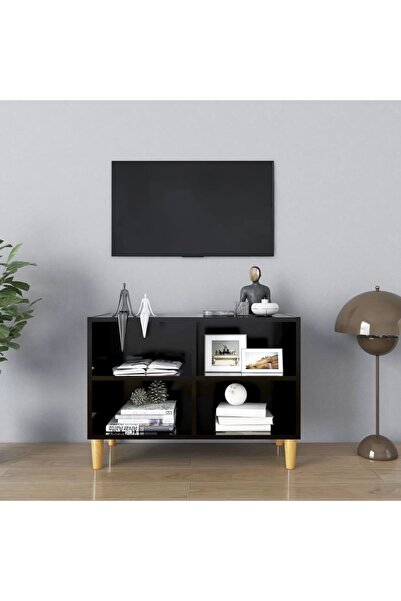 Concept Comodă TV, picioare lemn masiv, negru, 69,5x30x50 cm