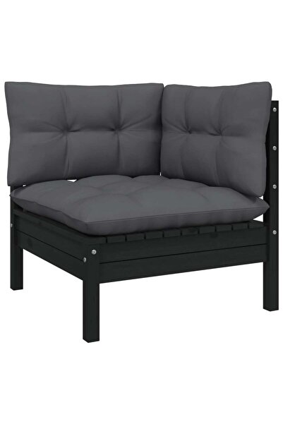 Concept Γωνιακός καναπές κήπου με μαξιλάρια, μαύρος, από μασίφ ξύλο πεύκου