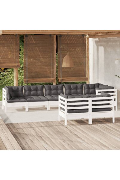 Concept Set mobilier grădină cu perne, 8 piese, alb, lemn masiv de pin