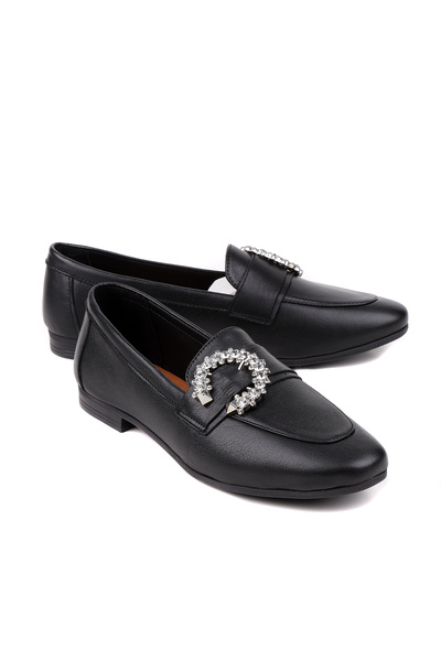 stato Milano Stone Buckled Genuine Leather Black Women Loafers