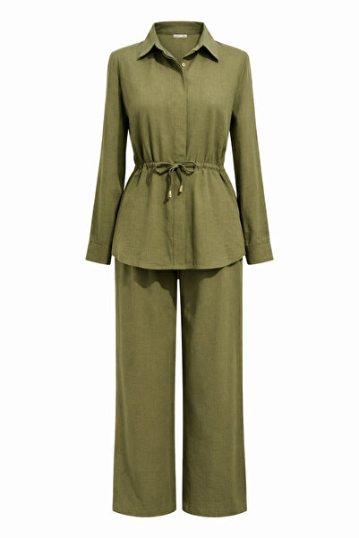 Mixray 4845 women's waist-tie loose fit set - khaki