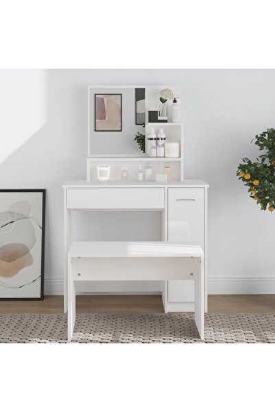 Concept Μπουντουάρ με καθρέφτη, γυαλιστερό λευκό, 86,5x35x136 εκ.