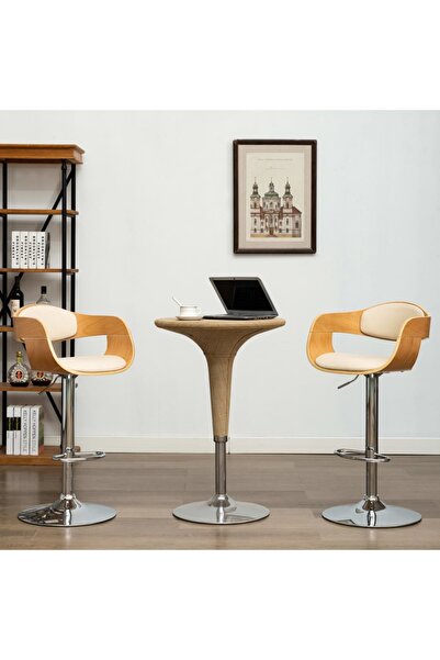 Concept Scaune de bar, 2 buc., crem, lemn curbat și piele ecologică