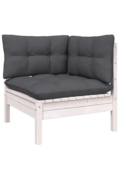 Concept Γωνιακός καναπές κήπου με μαξιλάρια, λευκός, μασίφ ξύλο πεύκου