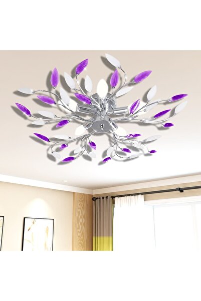Concept Chandelier with acrylic crystal leaf arms, 5 x E14, purple/white