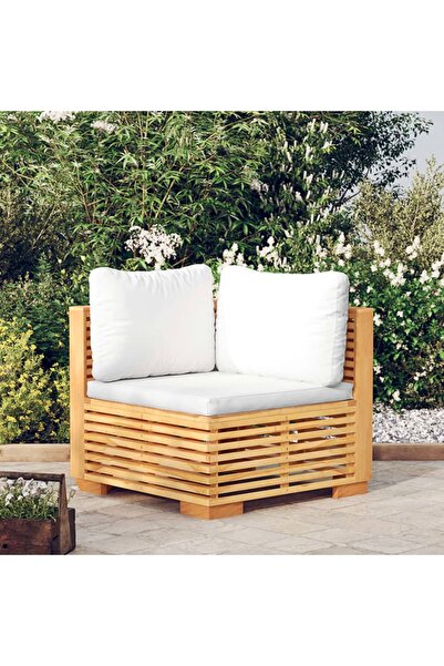 Concept Γωνιακός καναπές κήπου με μαξιλάρια σε κρεμ χρώμα, από μασίφ ξύλο τικ