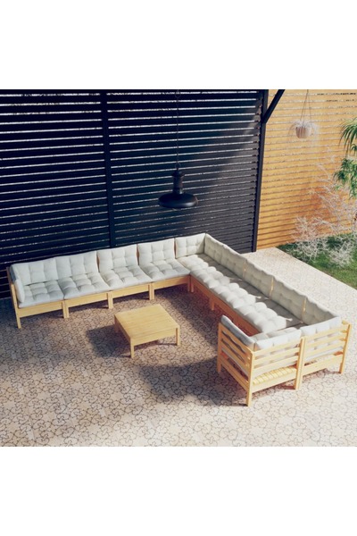 Concept Σετ επίπλων κήπου με κρεμ μαξιλάρια, 11 τεμάχια, ξύλο πεύκου