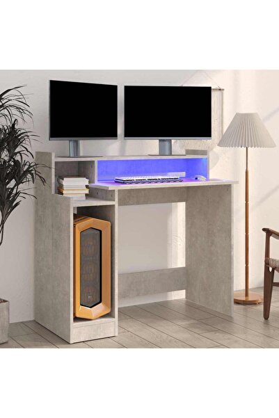 Concept Birou cu lumini LED, gri beton, 97x90x45 cm, lemn compozit