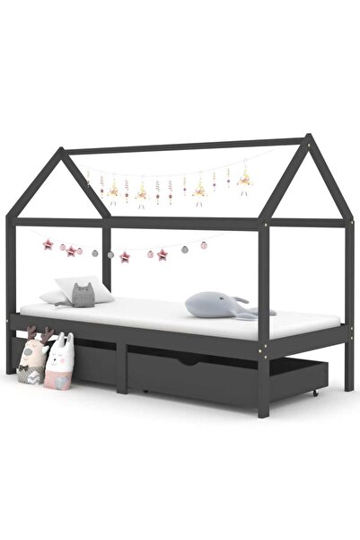 Concept Cadru pat copii cu sertare gri închis 90x200 cm lemn masiv pin