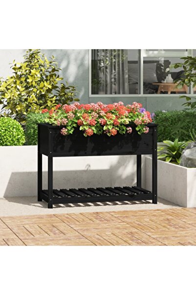 Concept Γλάστρα με ράφι, μαύρη, 111,5x54x81 cm, από μασίφ ξύλο πεύκου