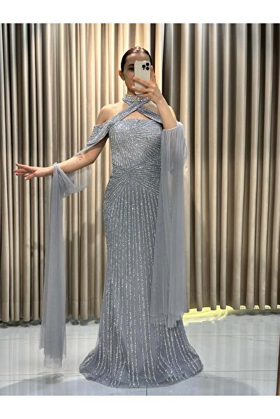 Kaleiçi Yıldızlar Gri Yeni Sezon Pelerinli Abiye 2590 |